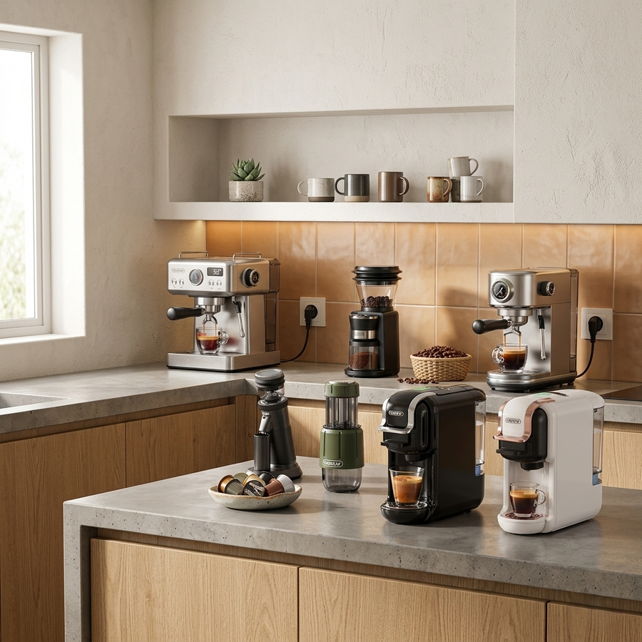 A collection of HiBREW espresso machines featured in a modern kitchen with soft beige tiling