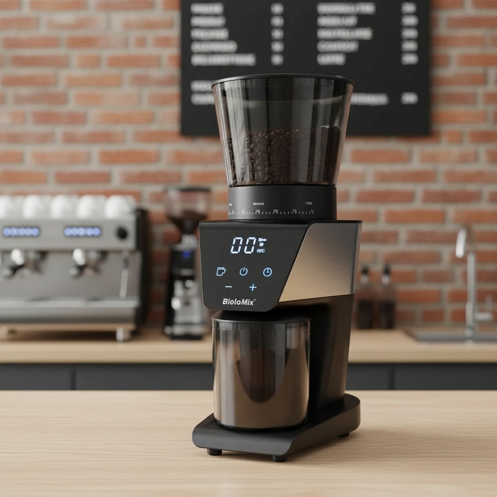 Front view of a BioloMix Coffee Grinder featuring a café background 