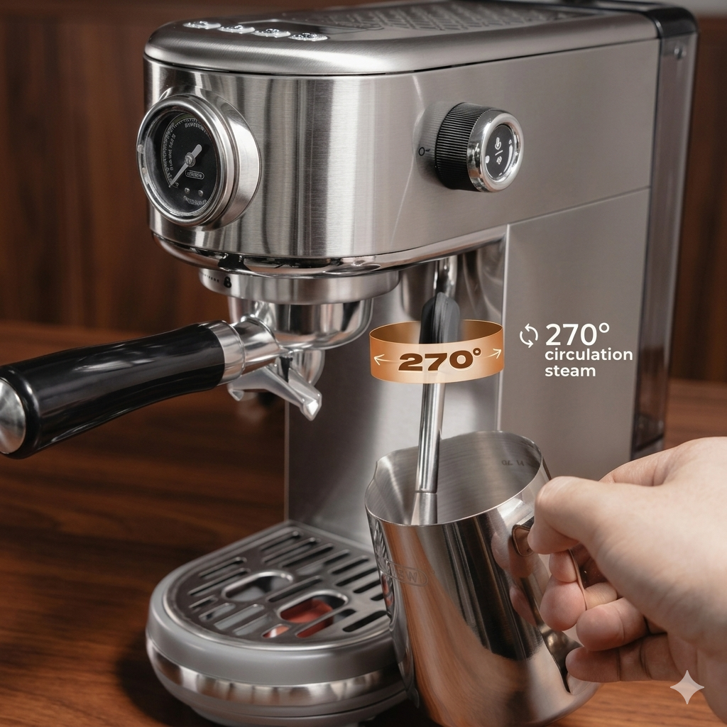 Hibrew H10B Espresso machine with a hand holding a metal container on a wooden surface