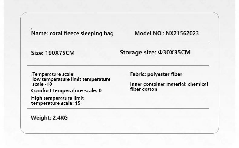 MOBI GARDEN Coral Fleece Winter Sleeping Bag