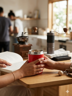 Red Abay thermos flask used in everyday life featuring background of cafe