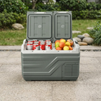 Front view of an Alpicool refrigerator with an outdoor background
