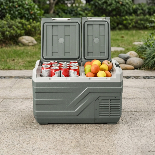 Front view of an Alpicool refrigerator with an outdoor background