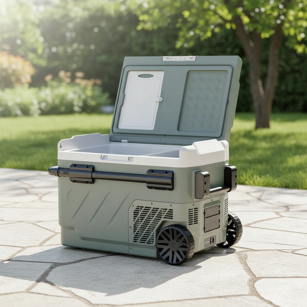 View of an Alpicool EZGW Refrigerator with an outdoor background shot 