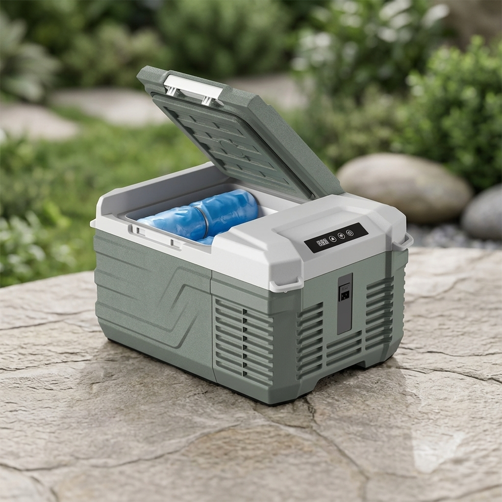 Alpicool NL9 refrigerator in an outdoor background studio shot