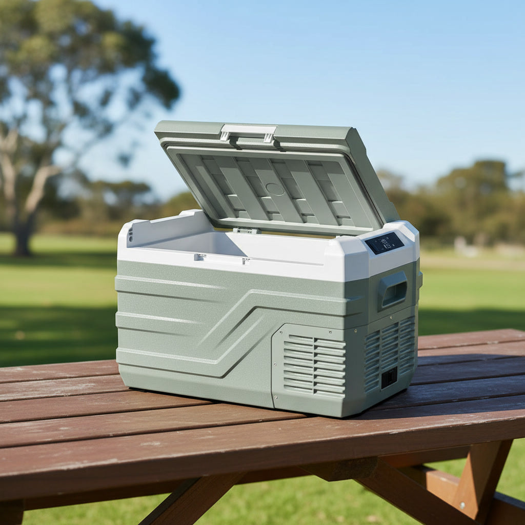 Shot of an Alpicool NL Refrigerator with an outdoor background