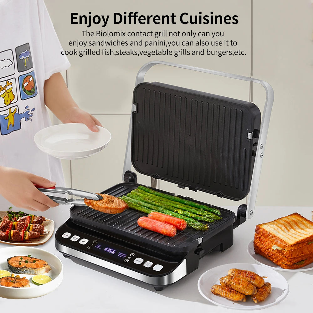 BCG02D Contact grill with various food items on a white surface, text about different cuisines.