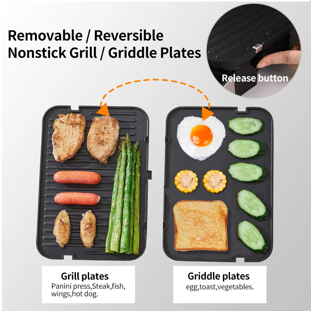 BCG02D Nonstick grill and griddle plates with food items on a white background