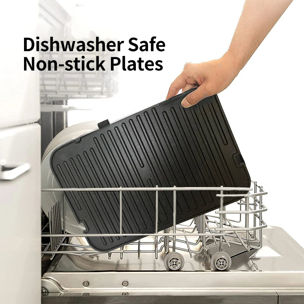 Person placing a black non-stick plate into an open dishwasher with text 'Dishwasher Safe Non-stick Plates'.