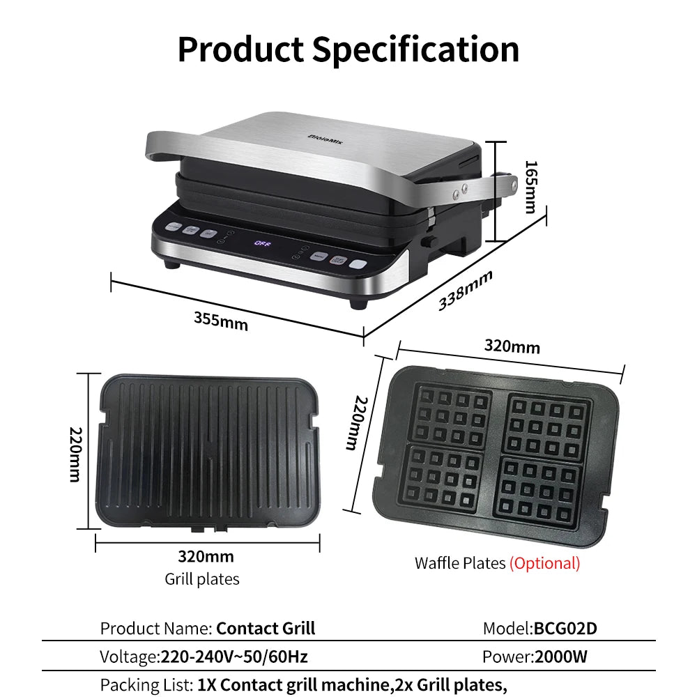 BCG02D Contact grill with dimensions and specifications on a white background