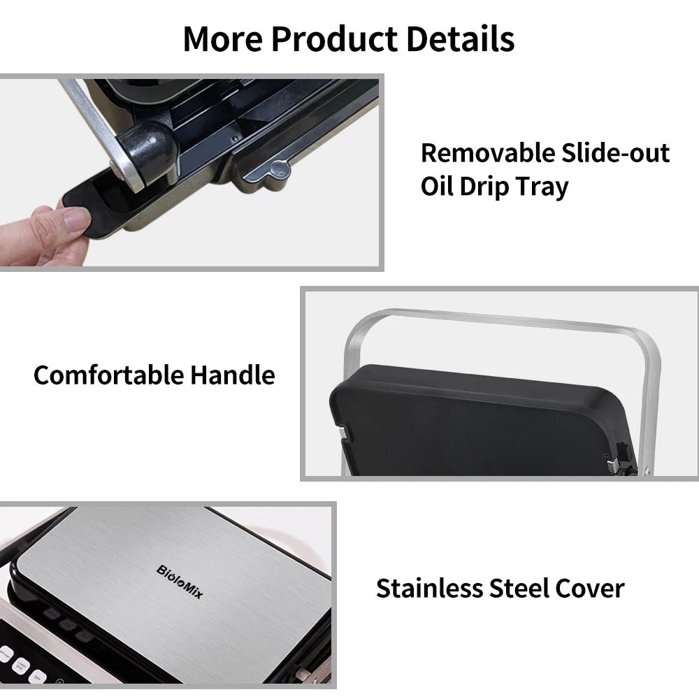 Product details of aBCG02D with a removable slide-out oil drip tray, comfortable handle, and stainless steel cover.