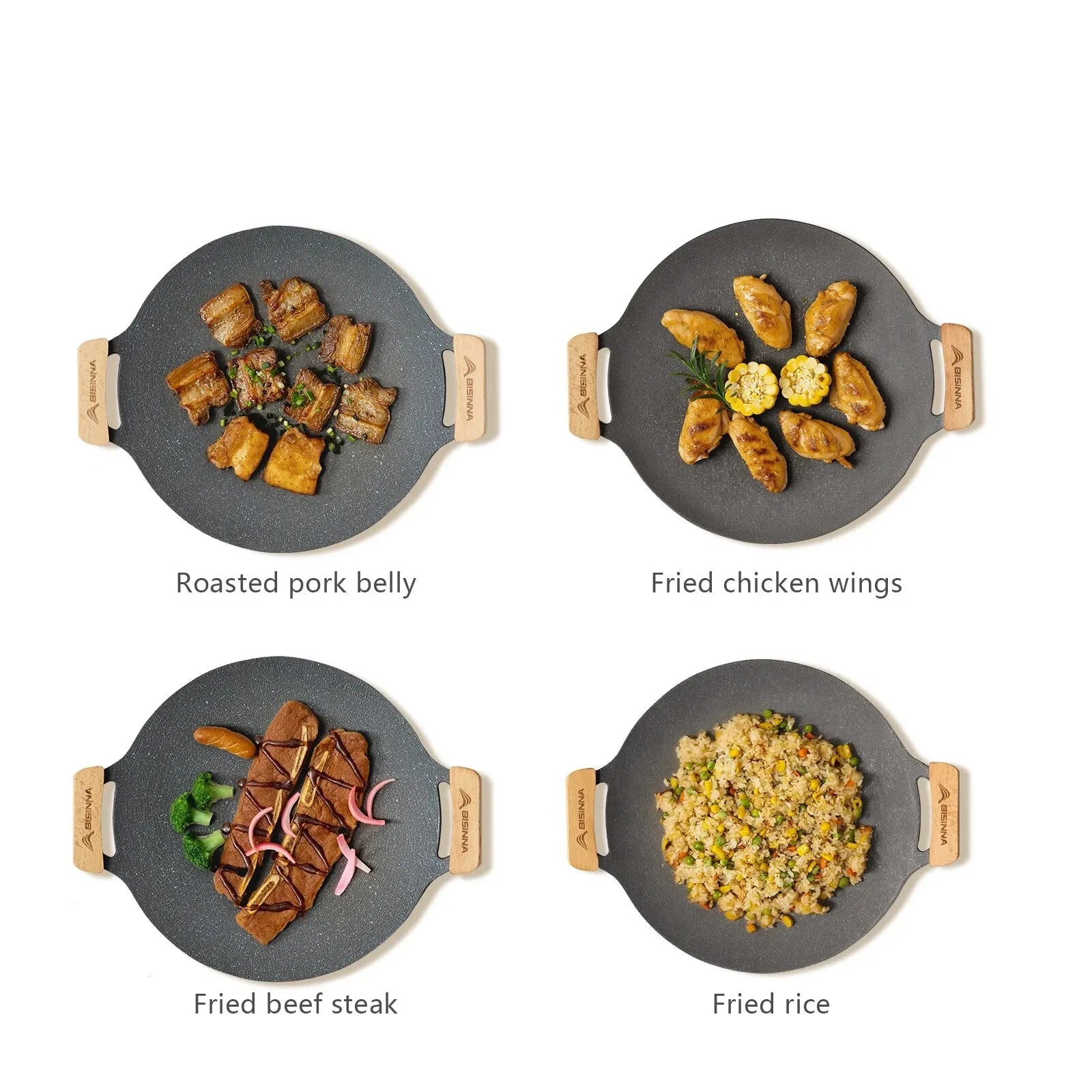 BISINNA 34cm Multifunctional frying pan with different food items on a white background