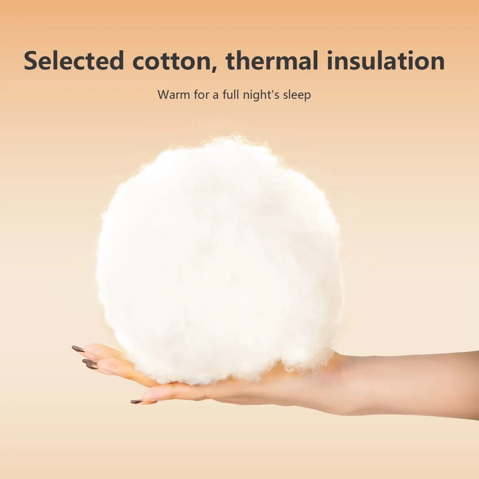 Ball of white cotton held in a hand with text about selected cotton and thermal insulation.
