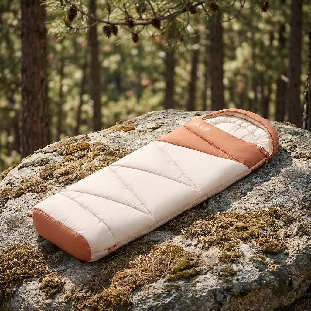 A BISINNA BL077 sleeping bag on a rock with a forest background.