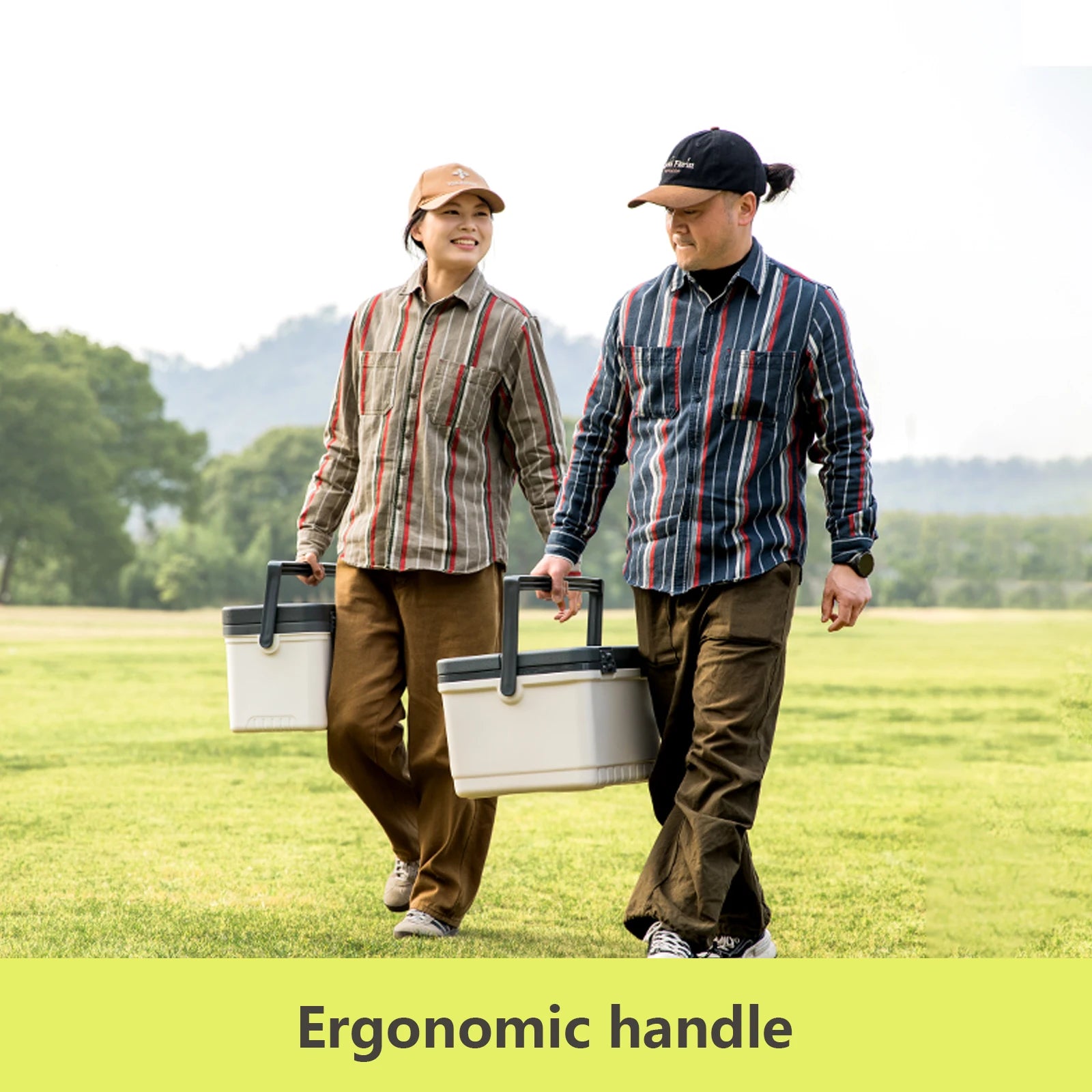 Two people walking outdoors with BISINNA coolers, emphasizing ergonomic handles.