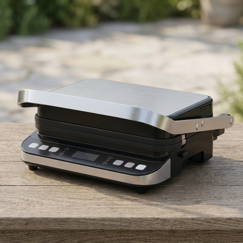 Black and silver BCG02D on a wooden surface with a blurred natural background