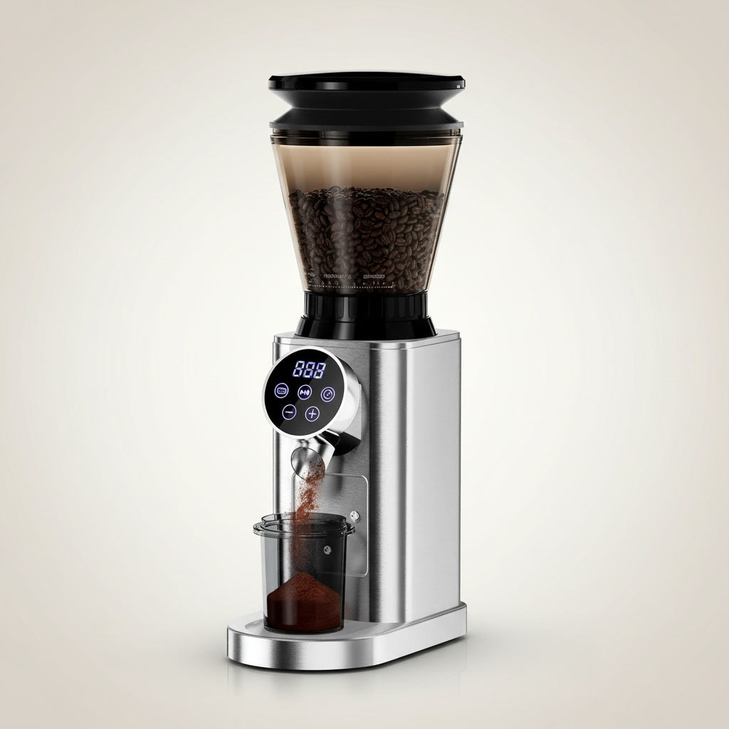 Front view of BioloMix Coffee Grinder with a soft beige background