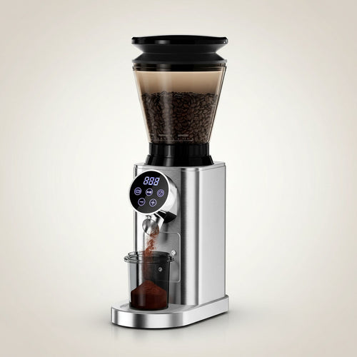 Front view of BioloMix Coffee Grinder with a soft beige background