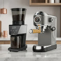 BioloMix Coffee grinder and Espresso Machine in a studio shot featuring a kitchen counter and background