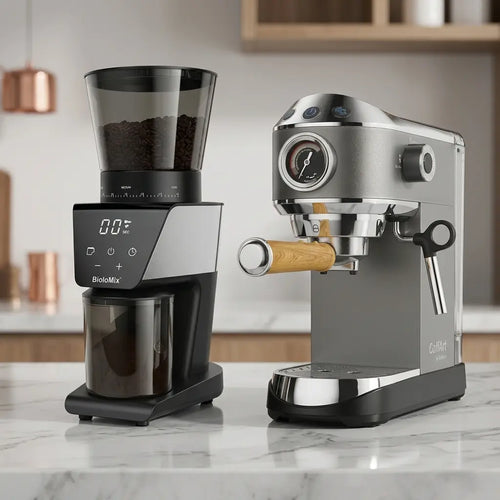 BioloMix Coffee grinder and Espresso Machine in a studio shot featuring a kitchen counter and background