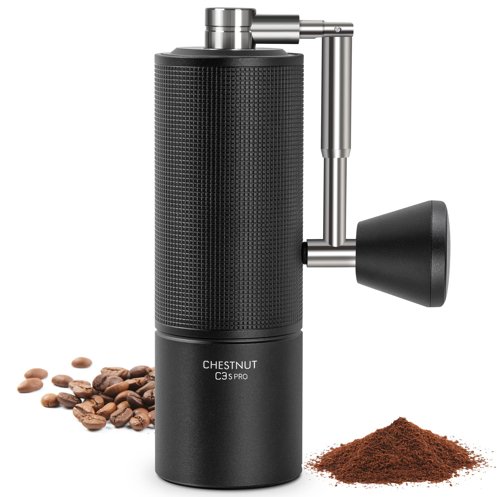 High resolution close up shot of a TIMEMORE C3S Pro Coffee Grinder featuring coffee beans and grind with a white background