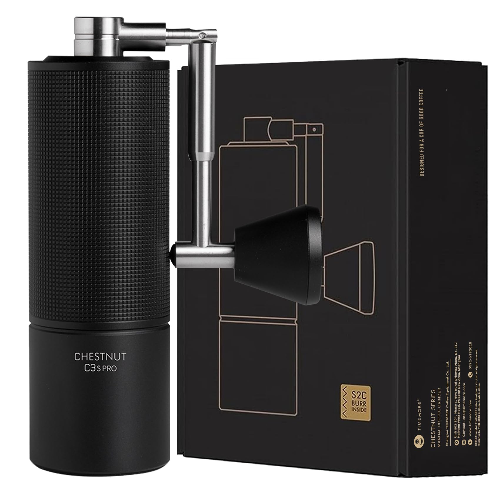 Close up shot of a TIMEMORE C3S Pro Coffee Grinder with its original packaging box