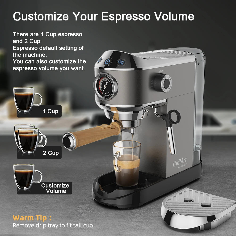 BioloMix CM7008 Espresso machine with customizable volume settings on a dark background
