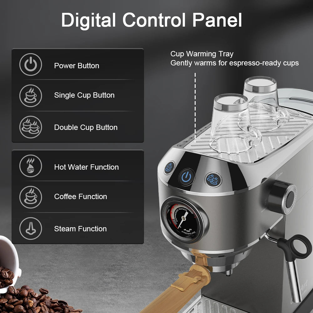 BioloMix CM7008 Espresso machine with digital control panel and cup warming tray on a dark background