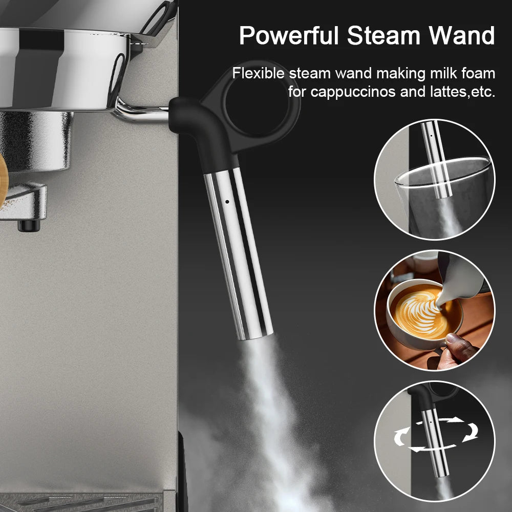 BioloMix CM7008 Espresso machine with a steam wand, showing its use for making cappuccinos and lattes.