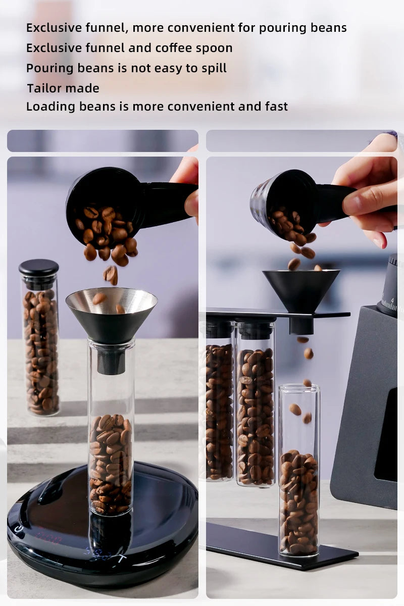 Coffee bean funnel and spoon with text describing its features.