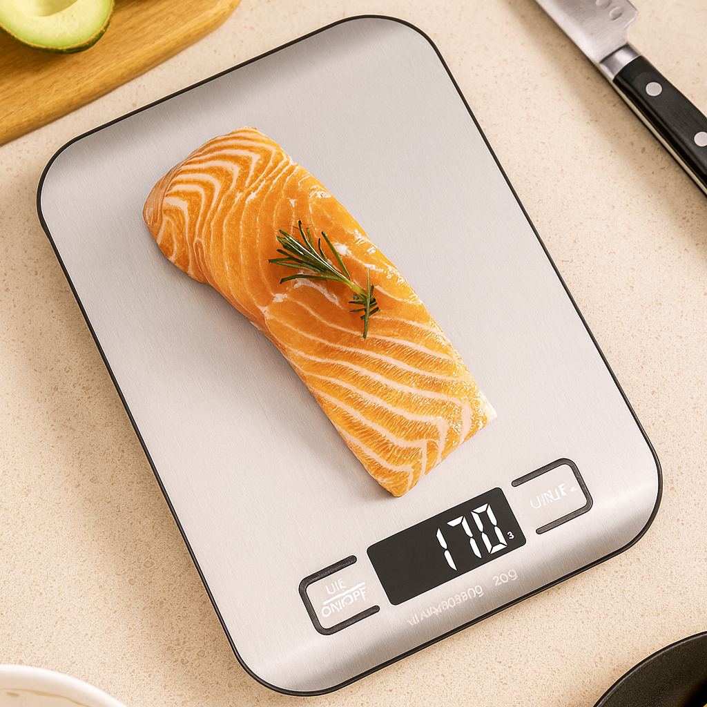 Raw salmon fillet on a digital kitchen scale with a knife and cutting board in the background