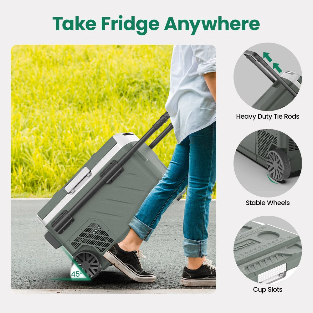 Person pulling a portable Alpicool refrigerator with features highlighted on the right side.