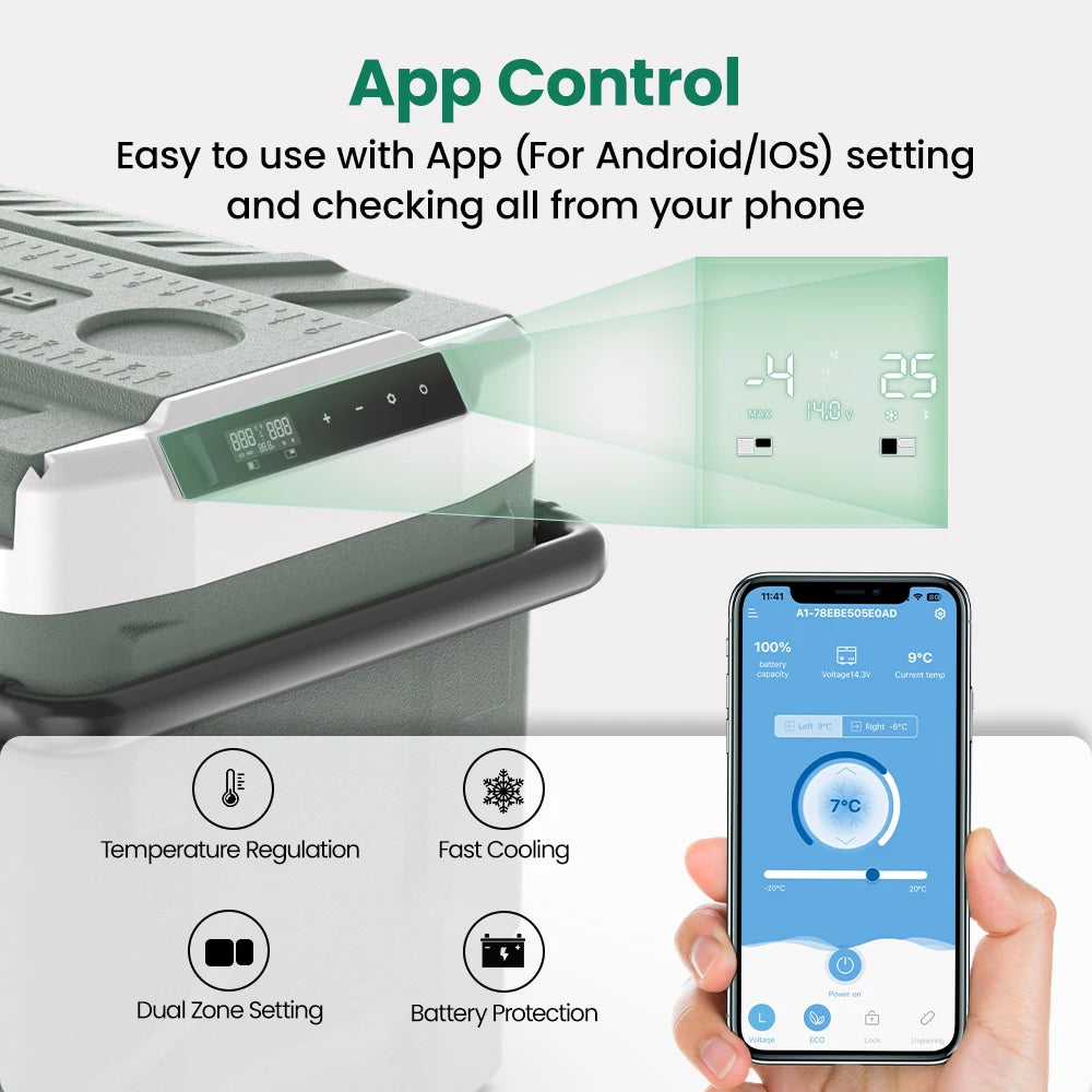 Alpicool Smart refrigerator with app control features displayed on a phone screen.