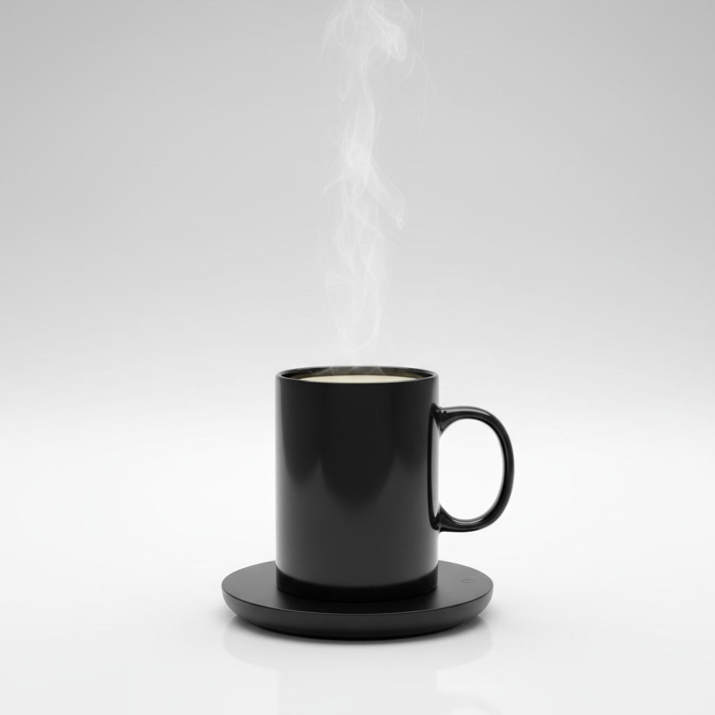 Black mug with steam on an electric mug warmer with a white background studio shot