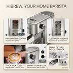 Hibrew coffee machine with features highlighted on a beige background