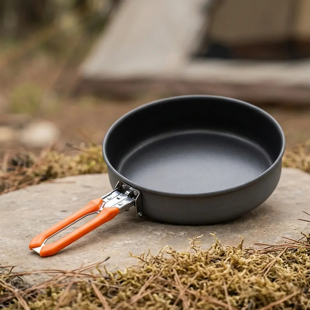 A FireMaple Camping pan with orange handles on a natural outdoor setting