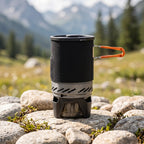 Black Fire Maple X1 camping stove with orange handle on rocks with mountains in the background