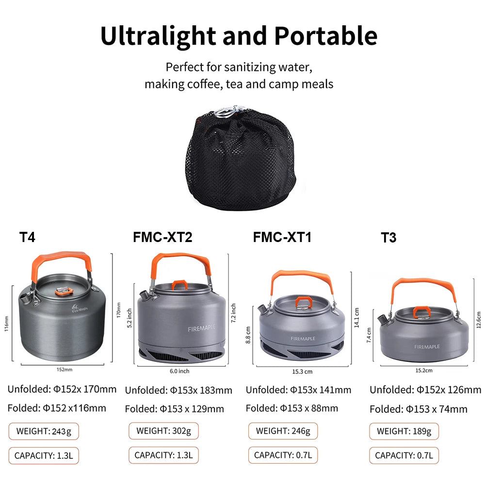 Set of Fire Maple ultralight teapots with carrying bag on a white background