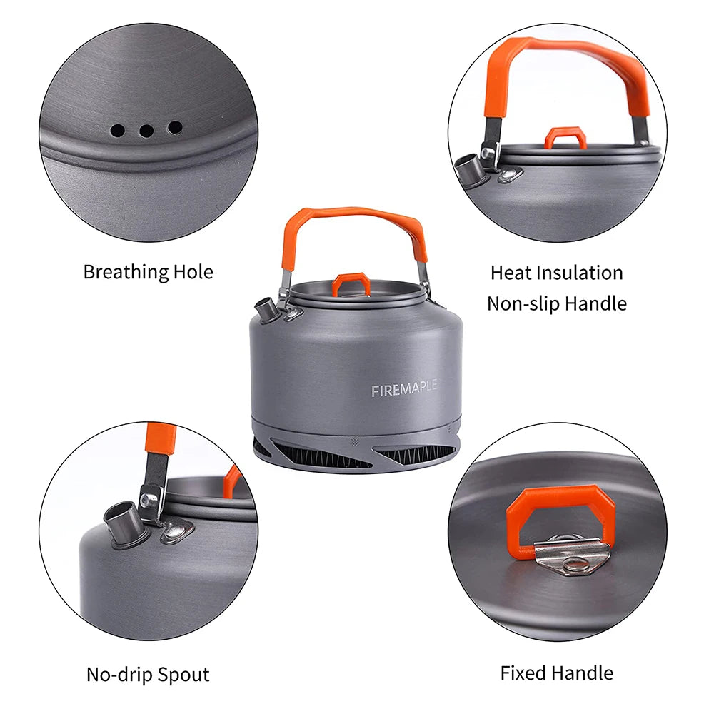 Fire Maple camping teapot with features highlighted on a white background