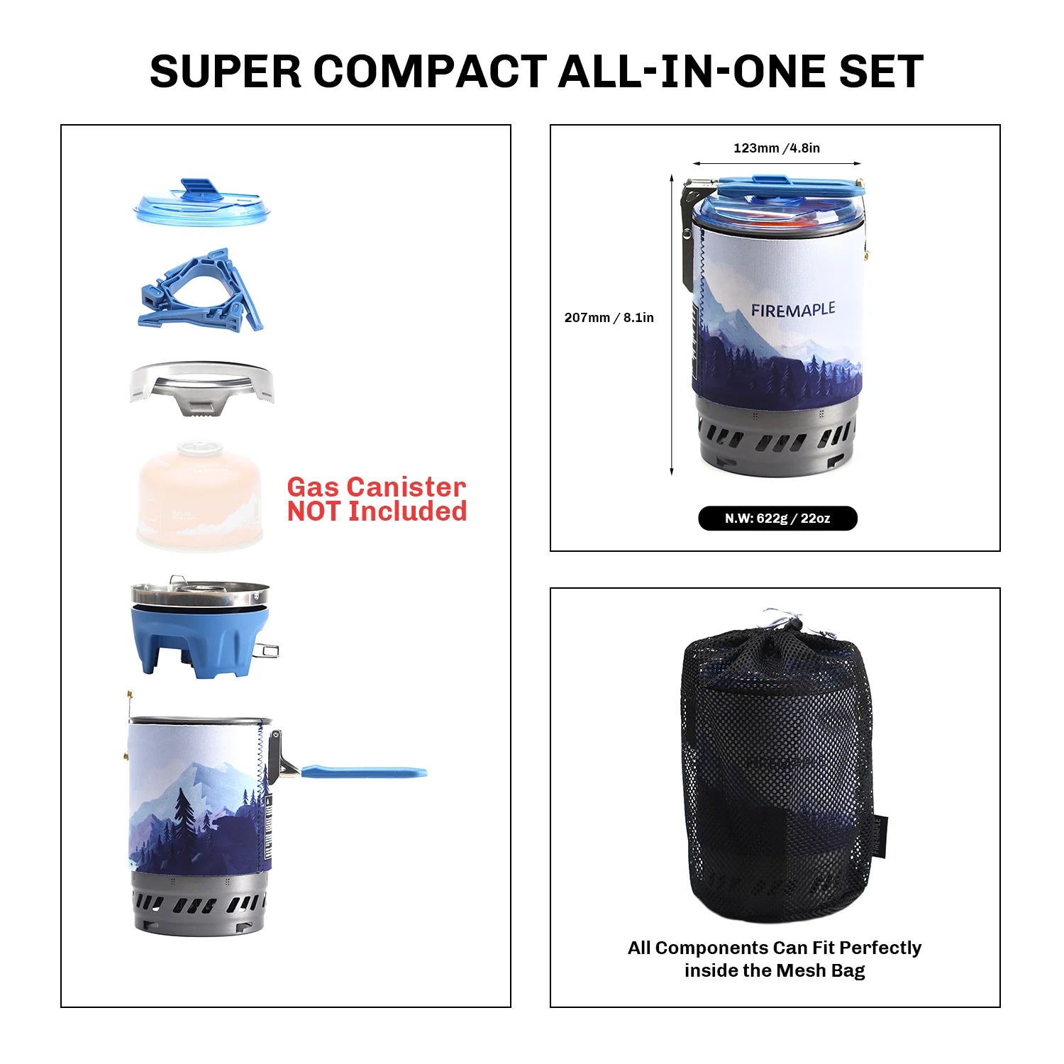 Fire Maple X5 all-in-one camping stove set with components and dimensions displayed.
