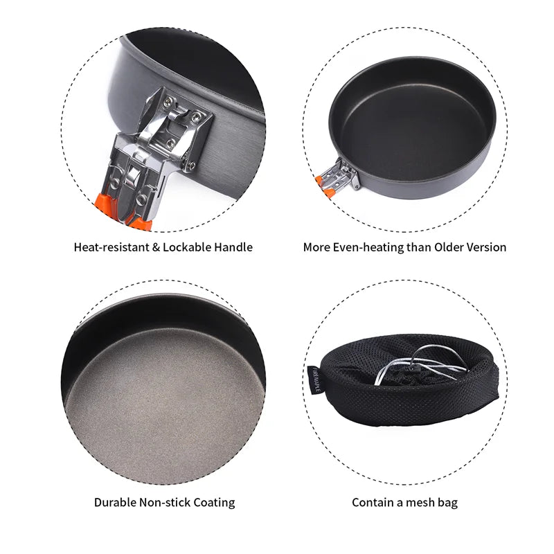 Fire Maple anodised camping pan with features highlighted on a white background