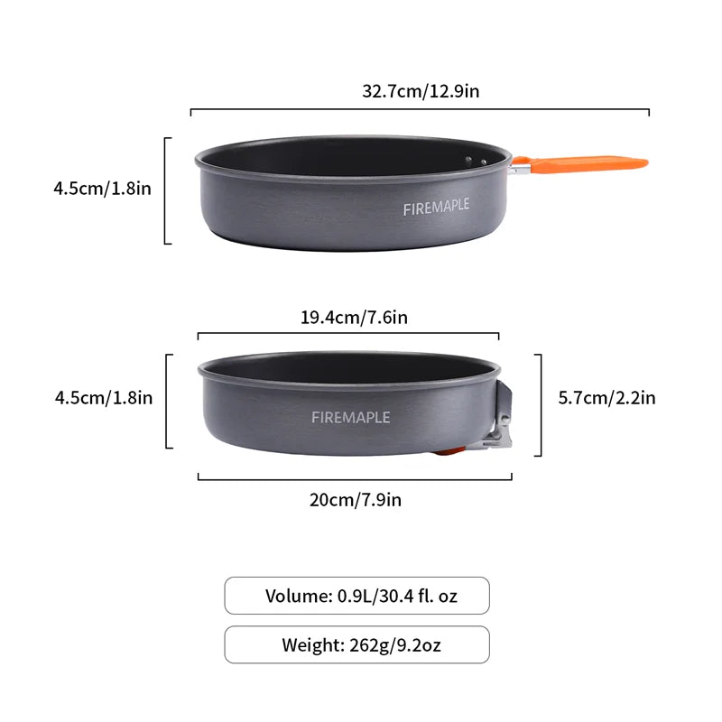 Measurement chart of Firemaple cookware with dimensions and volume weight details.