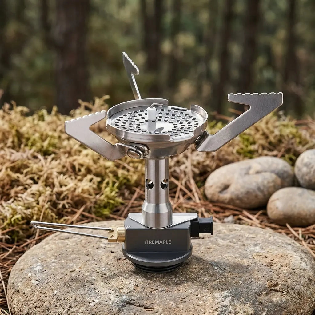 Fire Maple Portable camping stove on a rock with a forest background