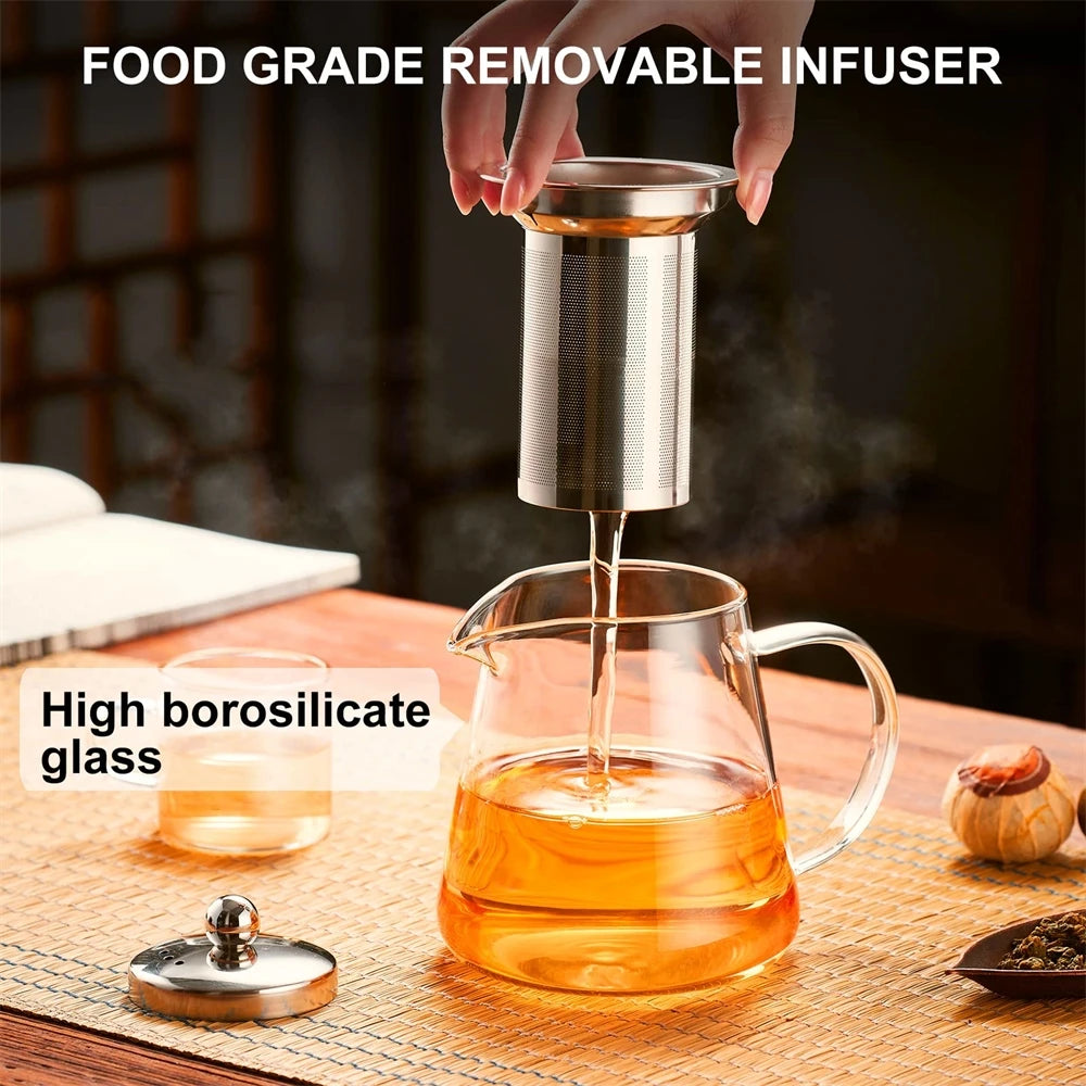 Food grade removable infuser being used on a glass teapot with tea.