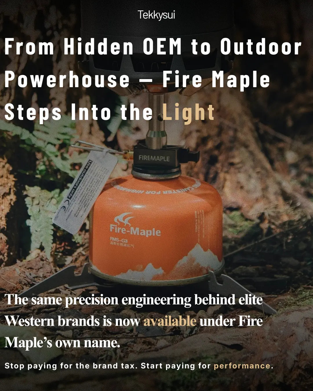 Fire Maple camping stove outdoors on forest ground with leaves and natural lighting.