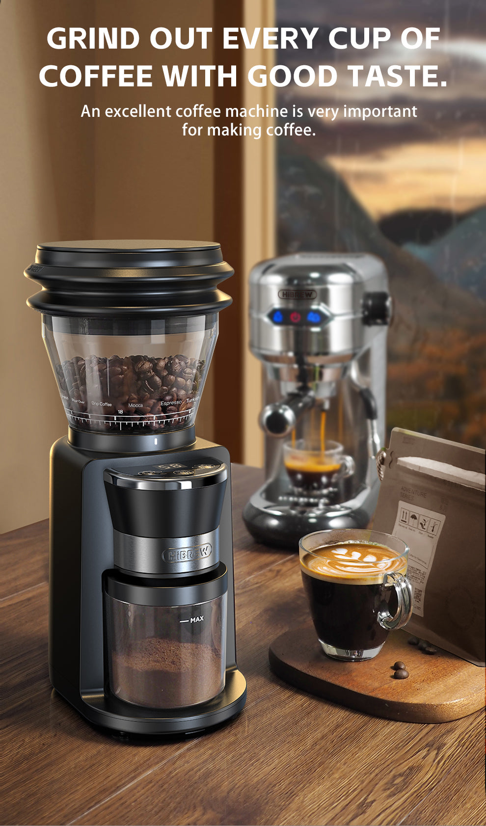 Coffee grinder with coffee beans, a coffee machine, and a cup of coffee on a wooden surface.