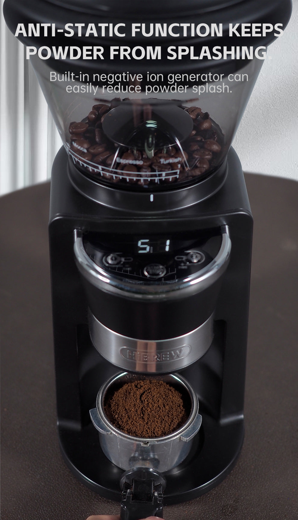 Coffee grinder with coffee beans and ground coffee, featuring text about anti-static function.