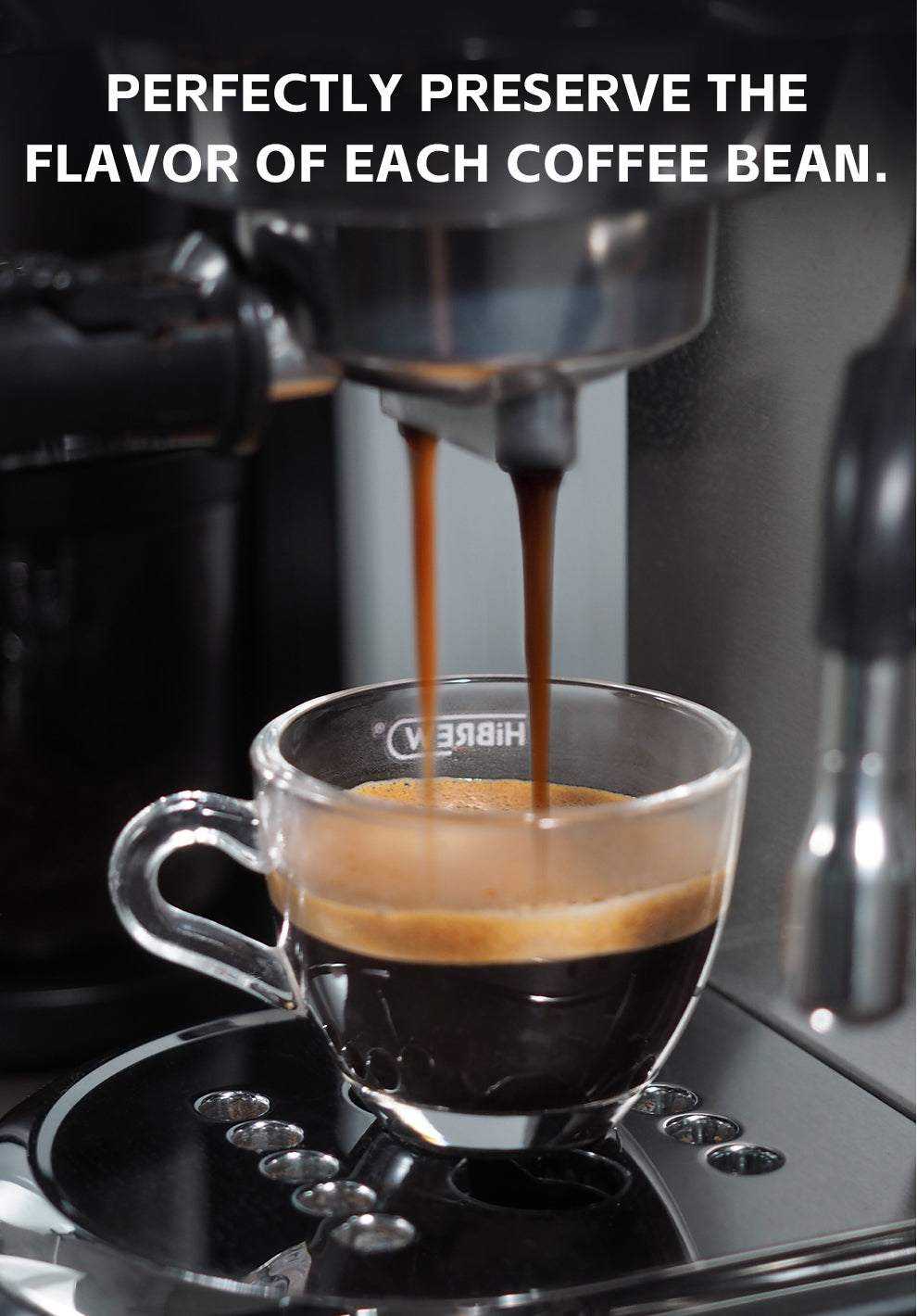Espresso being poured into a clear cup with text about preserving coffee bean flavor.
