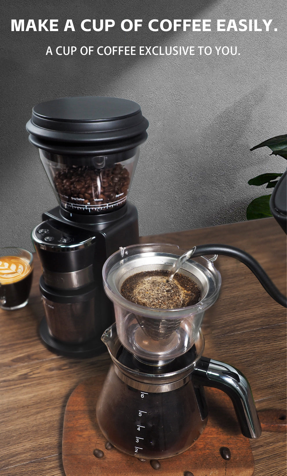 Coffee-making setup with G3 grinder, coffee pot, and cup on a wooden surface.