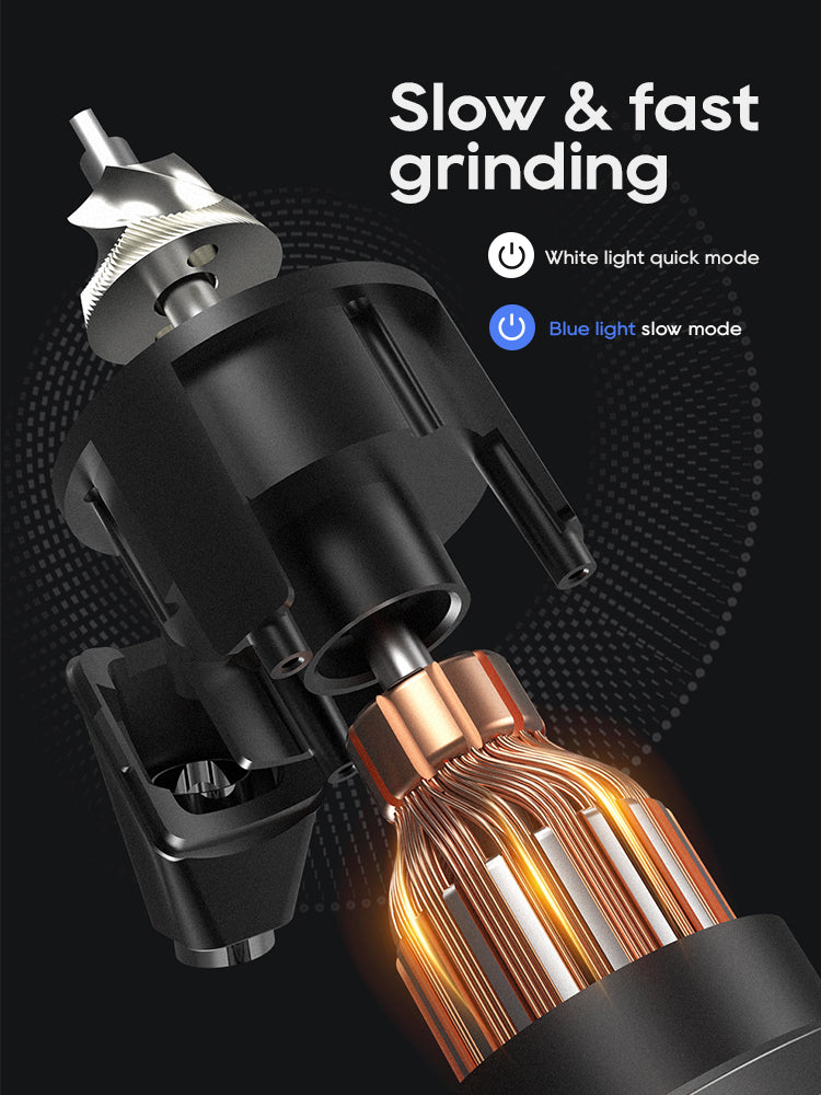 Electrical component with glowing copper wire on a black background, featuring text about grinding modes.